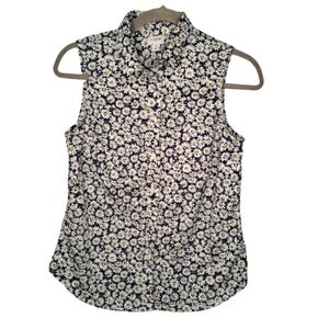 J. Crew Navy Blue White Floral Daisy Sleeveless Collared Blouse Size Small